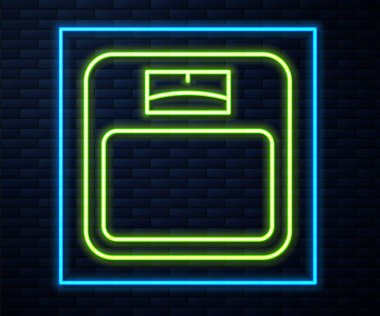 Parlayan neon hattı banyo ölçekli ikon tuğla duvar arka planında izole edilmiş. Ağırlık ölçme ekipmanı. Ağırlık ölçeği spor konsepti. Vektör.