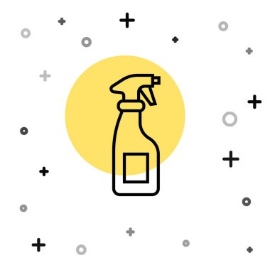 Beyaz arka planda izole edilmiş deterjan likörü olan siyah çizgi temizleme spreyi şişesi. Rastgele dinamik şekiller. Vektör.