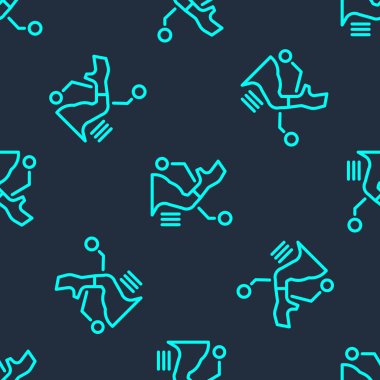 Yeşil çizgi protez el ikonu mavi arka planda izole edilmiş pürüzsüz desen. Biyonik kolun gelecekteki konsepti, robot mekanik el. Vektör.