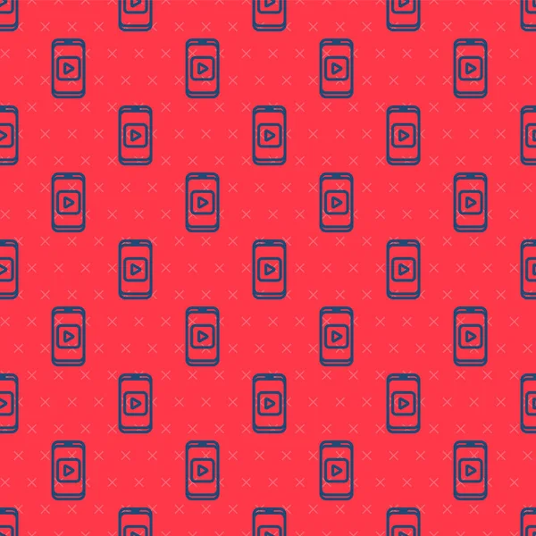 Mavi çizgi Online video simgesi kırmızı arkaplanda izole edilmiş. Akıllı telefon ve üzerinde oyun işareti olan film şeridi. Vektör İllüstrasyonu.