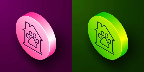 等距线宠物屋图标隔离在紫色和绿色背景 圆形按钮 — 图库矢量图片