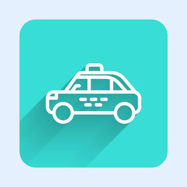 White Line Taxi Car Icon Isolated Long Shadow Green Square — Stock Vector