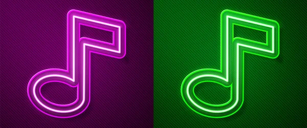 明亮的霓虹灯线音乐音符 色调图标隔离在紫色和绿色背景 — 图库矢量图片