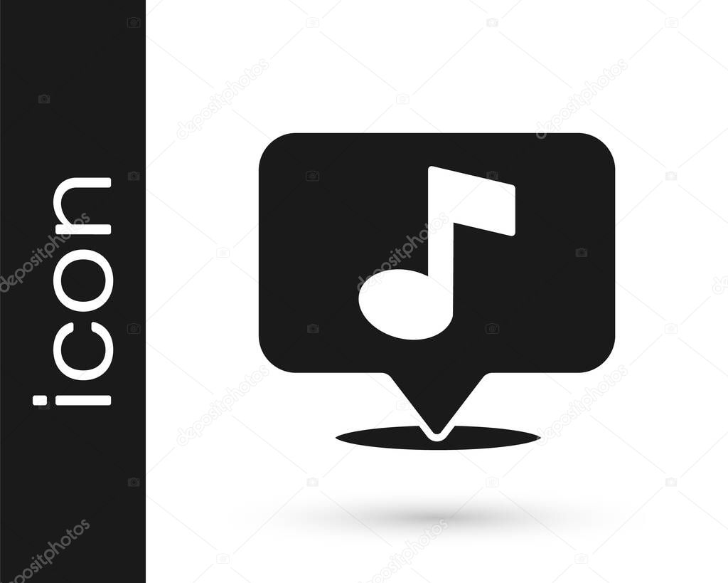 Black Musical note in speech bubble icon isolated on white background. Music and sound concept.  Vector.