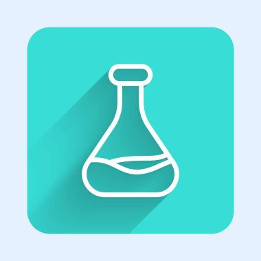 Beyaz çizgi test tüpü ve uzun gölgeli matara ikonu. Kimyasal laboratuvar testi. Laboratuvar camları. Yeşil kare düğmesi. Vektör.