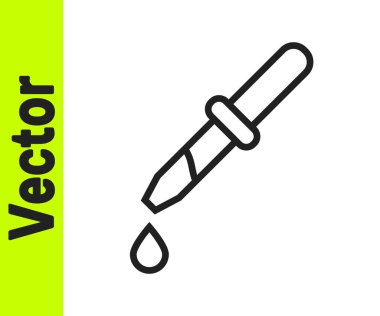 Siyah çizgi Pipette simgesi beyaz arkaplanda izole edildi. Tıbbi elementler, kimya laboratuarı ekipmanları. Damlalı boru. Tıp sembolü. Vektör.