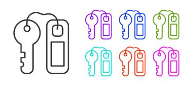 Siyah çizgi otelin kapı kilidi anahtarı ve beyaz arkaplanda etiket simgesi var. Simgeleri renklendirin. Vektör.