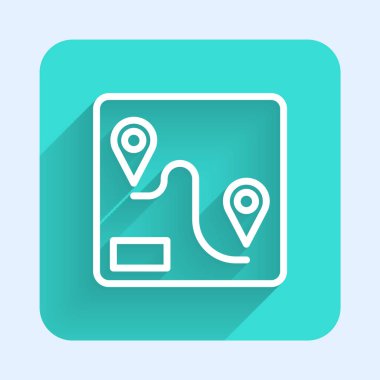 Beyaz çizgi rota simgesi uzun gölgeli izole edildi. Tren yolu güzergahının başlangıç noktası GPS ve tire çizgisi olan yolu. Yeşil kare düğmesi. Vektör.