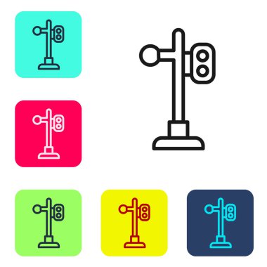 Siyah çizgi trafik ışığı ikonu beyaz arkaplanda izole edildi. Trenlerin hareketlerini düzenlemek için demiryolu için trafik ışıkları. Renkli kare düğmelerle simgeleri ayarla. Vektör.