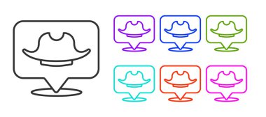 Siyah çizgi konum korsan simgesi beyaz arka planda izole edildi. Simgeleri renklendirin. Vektör.