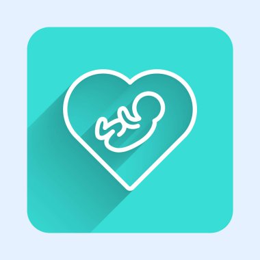 Kalbin içindeki beyaz çizgi bebek uzun gölgeyle izole edilmiş. Yeşil kare düğmesi. Vektör.