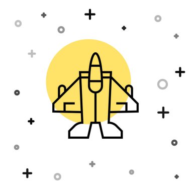 Siyah çizgi Jet savaş uçağı simgesi beyaz arka planda izole edildi. Askeri uçak. Rastgele dinamik şekiller. Vektör.