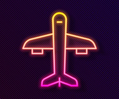 Parlayan neon çizgisi düzlem simgesi siyah arkaplanda izole edildi. Uçan uçak ikonu. Uçak tabelası. Vektör.