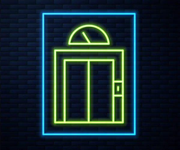 Linea Neon Incandescente Icona Ascensore Isolato Sfondo Muro Mattoni Simbolo — Vettoriale Stock