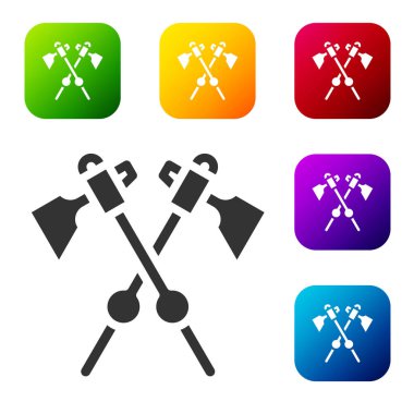 Siyah Çapraz Ortaçağ balta simgesi beyaz arka planda izole edildi. Savaş baltası, cellat baltası. Ortaçağ silahı. Renkli kare düğmelerle simgeleri ayarla. Vektör.