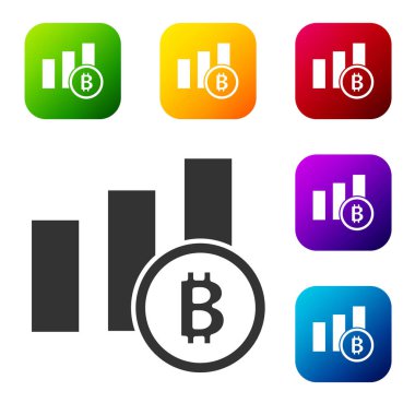 Siyah Pie grafiksel bitcoin simgesi beyaz arkaplanda izole edildi. Diyagram çizelgesi. Renkli kare düğmelerle simgeleri ayarla. Vektör.
