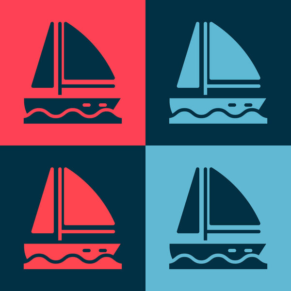 Pop art Yacht sailboat or sailing ship icon isolated on color background. Sail boat marine cruise travel.  Vector.