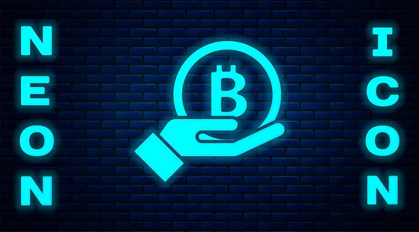 Glowing Neon Hand Holding Bitcoin Icon Isolated Brick Wall Background — Stock Vector