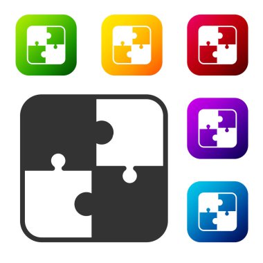 Siyah yapboz parçaları beyaz arka planda izole edilmiş oyuncak ikonu. Renkli kare düğmelerle simgeleri ayarla. Vektör.