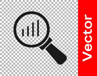 Siyah büyüteç ve veri analiz simgesi şeffaf arkaplanda izole edildi. Vektör.