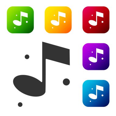 Siyah Müzik, beyaz arkaplanda izole edilmiş ton simgesi. Renkli kare düğmelerle simgeleri ayarla. Vektör.