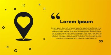 Black Map pointer with heart icon isolated on yellow background. Valentines day. Love location. Romantic map pin.  Vector.