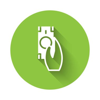 White Fast payments icon isolated with long shadow. Fast money transfer payment. Financial services, fast loan, time is money, cash back concept. Green circle button. Vector.