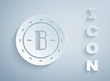 Kağıt kesiği Kripto para birimi simgesi Bitcoin gri arka planda izole edildi. Madeni para. Engelleme zinciri tabanlı şifreli para birimi. Kağıt sanatı tarzı. Vektör.