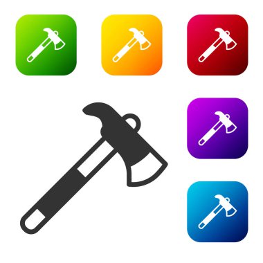 Siyah itfaiyeci balta simgesi beyaz arka planda izole edildi. Yangın baltası. Renkli kare düğmelerle simgeleri ayarla. Vektör.