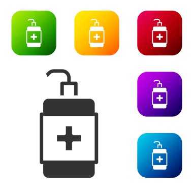 Siyah El dezenfektanı beyaz arka planda izole edilmiş. Dezenfeksiyon konsepti. Yıkama jeli. Hijyen için alkol şişesi. Renkli kare düğmelerle simgeleri ayarla. Vektör.