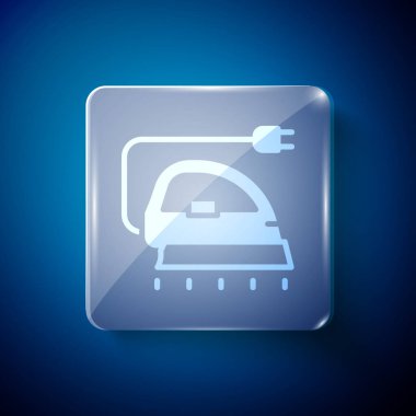 Mavi arka planda beyaz elektrikli demir ikonu izole edildi. Buhar ütüsü. Kare cam paneller. Vektör.