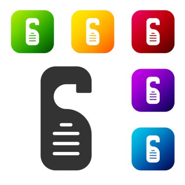 Siyah lütfen beyaz arkaplanda izole edilmiş simgeyi rahatsız etmeyin. Otel Kapısı Askısı Etiketleri. Renkli kare düğmelerle simgeleri ayarla. Vektör.