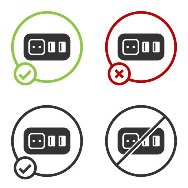 Beyaz arkaplanda siyah elektrik çıkış simgesi izole edildi. Elektrik prizi. Rosette sembolü. Çember düğmesi. Vektör.