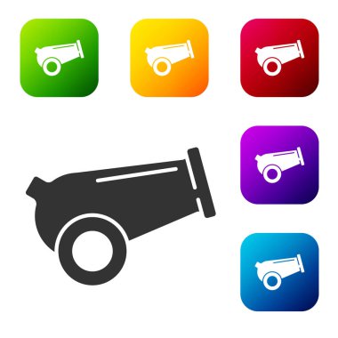 Siyah Top simgesi beyaz arkaplanda izole edildi. Ortaçağ silahları. Renkli kare düğmelerle simgeleri ayarla. Vektör.