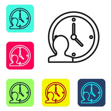 Siyah çizgi Zaman Yönetimi simgesi beyaz arkaplanda izole edildi. Saat ve vites tabelası. Üretkenlik sembolü. Renkli kare düğmelerle simgeleri ayarla. Vektör.