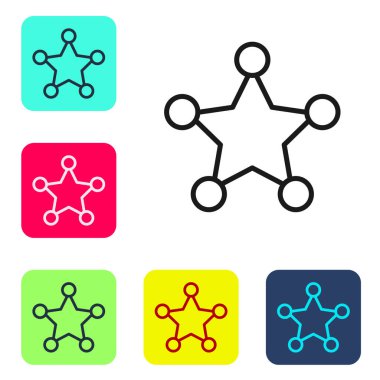 Siyah çizgi şerifi Hexagram simgesi beyaz arka planda izole edildi. Polis rozeti ikonu. Renkli kare düğmelerle simgeleri ayarla. Vektör.