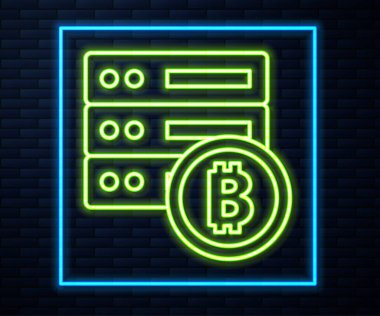 Parlayan neon hattı sunucu bitcoin simgesi tuğla duvar arka planında izole edildi. Vektör.