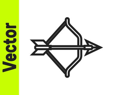 Siyah çizgi ortaçağ yayı ve ok simgesi beyaz arka planda izole edilmiş. Ortaçağ silahı. Vektör.