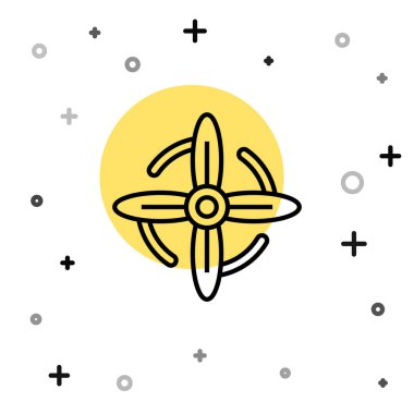 Siyah çizgi rüzgar türbini simgesi beyaz arkaplanda izole edildi. Rüzgar jeneratörü işareti. Elektrik üretimi için yel değirmeni. Rastgele dinamik şekiller. Vektör.