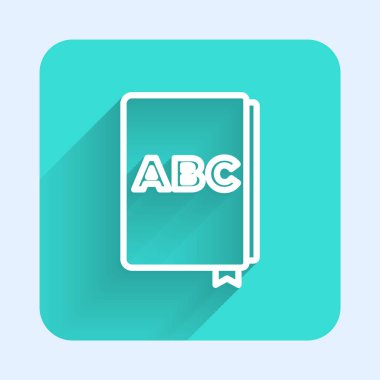 Beyaz çizgi ABC kitap simgesi uzun gölgeli izole edilmiş. Sözlük kitabı işareti. Alfabe kitabı simgesi. Yeşil kare düğmesi. Vektör.