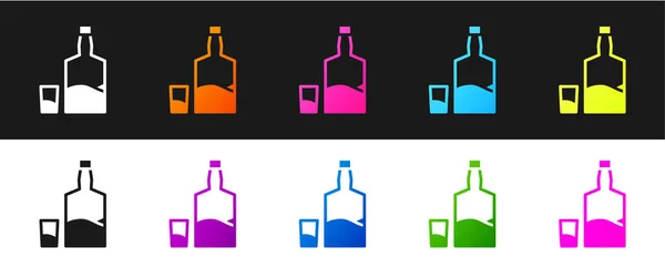 Set Tequila Fles Shot Glas Pictogram Geïsoleerd Zwart Wit Achtergrond — Stockvector