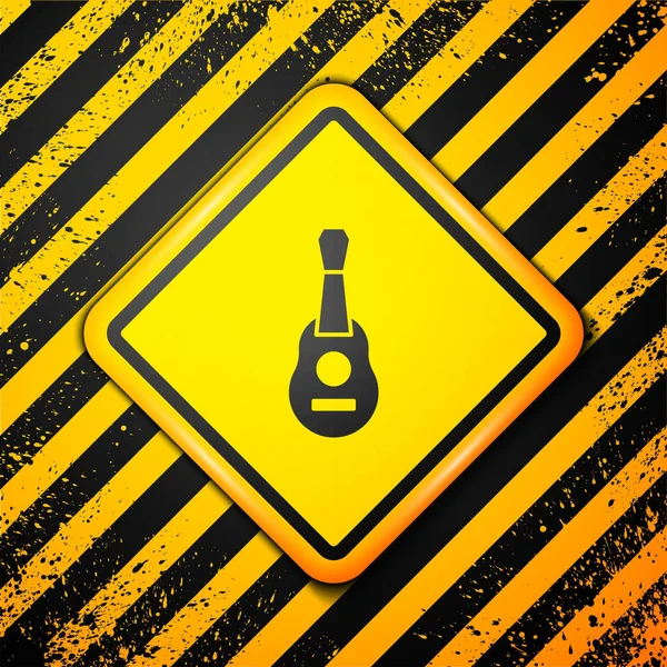 黄色の背景に隔離されたブラックギターアイコン アコースティックギター 弦楽器の演奏 警告サインだ ベクトル — ストックベクタ
