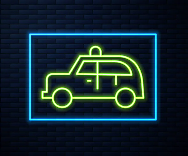 Linea Neon Incandescente Icona Auto Taxi Isolato Sfondo Muro Mattoni — Vettoriale Stock