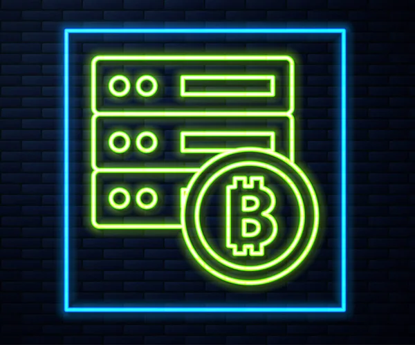 Świecąca Neon Linia Serwer Ikona Bitcoin Izolowane Tle Cegły Ściany — Wektor stockowy