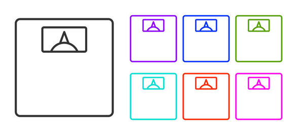 Черной линией выделяется значок "Ванная" на белом фоне. Вес измерительное оборудование. Масштаб веса фитнес-спорт концепции. Набор иконок красочный. Вектор.