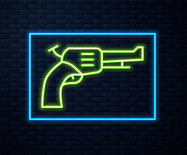 Leuchtende Leuchtschrift Revolver Pistole Symbol Isoliert Auf Backsteinwand Hintergrund Vektor — Stockvektor
