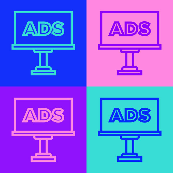 Pop art line Advertising icon isolated on color background. Concept of marketing and promotion process. Responsive ads. Social media advertising.  Vector.