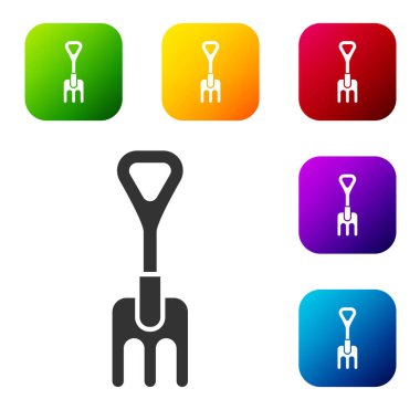 Siyah Bahçe tırmık simgesi beyaz arkaplanda izole edildi. Bahçecilik, tarım, çiftçilik aleti. Toprak işçisi. Renkli kare düğmelerle simgeleri ayarla. Vektör İllüstrasyonu.