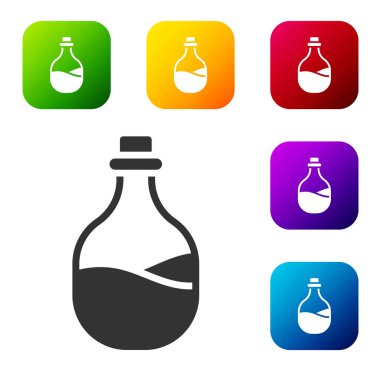 Beyaz arka planda izole edilmiş siyah eski şarap ikonu şişesi. Renkli kare düğmelerle simgeleri ayarla. Vektör.