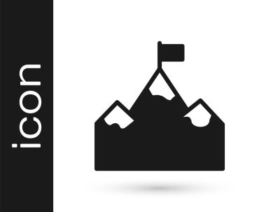 Beyaz arkaplanda izole edilmiş siyah dağların üzerinde bayrak var. Zaferin ya da başarının sembolü. Gol başarısı. Vektör.